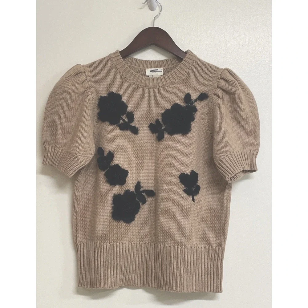 Kate Spade floral appliqué Beige short‎ sleeve Cashmere Wool Blend Sweater M NEW